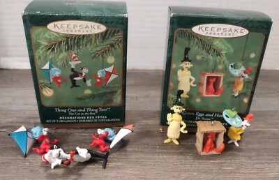 2 Sets Of Hallmark Ornaments Dr Seuss Thing One Thing Too &  Green Eggs And Ham 