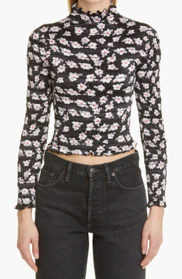 NEW Amy Crookes Black Floral Print Satin Shirred Top Sz XS/S NWT $445
