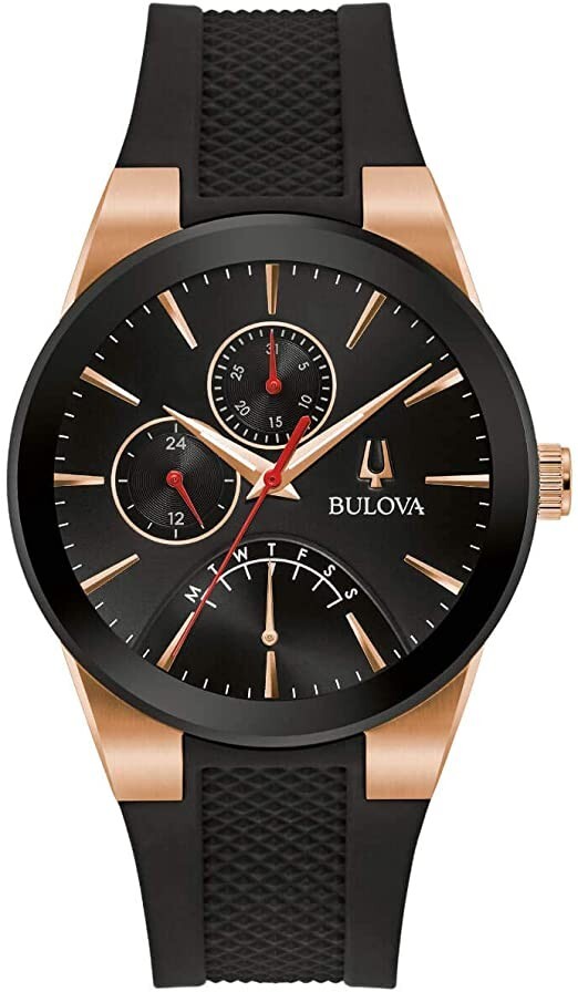 Мужские часы Bulova Futuro с современным календарем, кварцевые часы из черной резины, 41 ММ 97C111