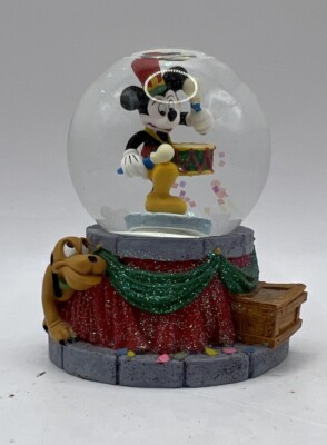 Disney MICKEY MOUSE w/Drum & Pluto Miniature Glitter Snow Globe Chip On Box