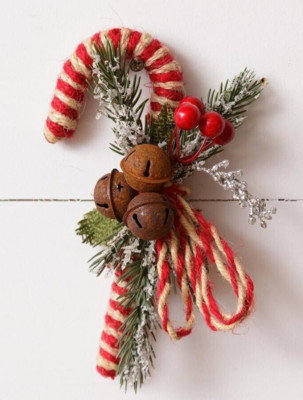 New CANDY CANES w/ Rusty Bells Primitive Vintage Look Christmas Ornament