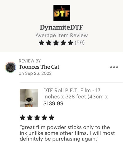 DTF Pet Roll Film.  Aprx 13 Inch Wide X 328 Ft Long, (33cm x 100m). USA Seller.