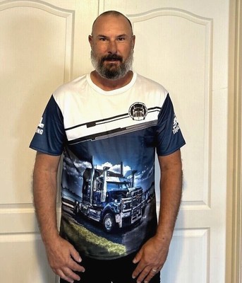 Trucker Style T-Shirt New Item limited stock Semi Truck Design Blue and White