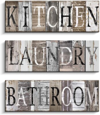 Three Kitchen Laundry Bathroom Signs Canvas Wood Art Lot 6x17  Rustic Vintage