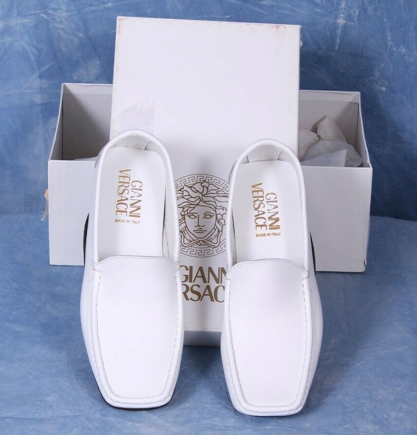 靴 GIANNI VERSACE leather shoes loafer 43 $849.00 !! VERSACE MEN ICONIC WHITE PEBBLED LEATHER LOAFERS