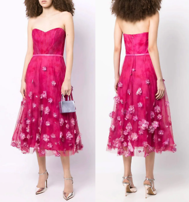 Marchesa Notte Strapless 3 D Floral Appliqu Draped Ombre Dress Fuchsia 12 795