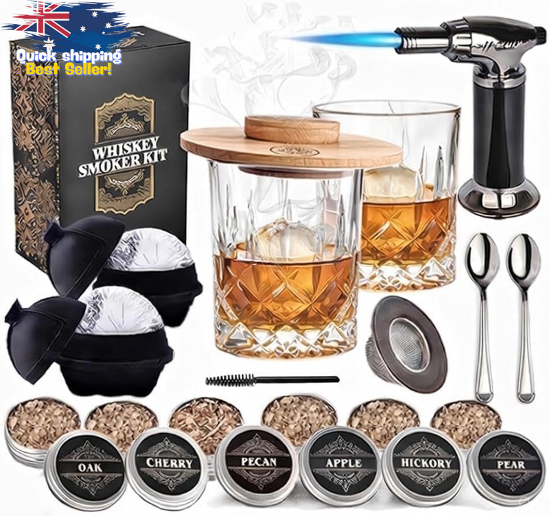 Whiskey Smoker Kit with Torch, Glasses & Wood Chips - Cocktail Gift Set