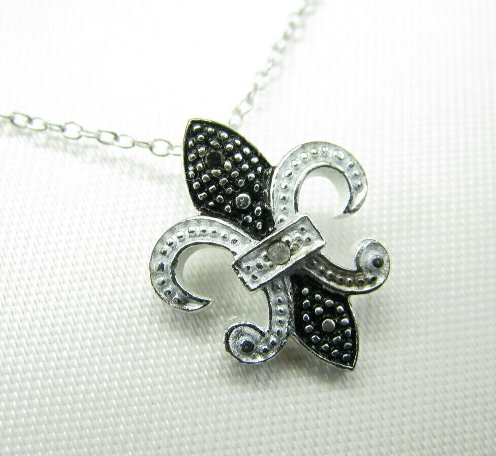 New/Box STERLING SILVER Diamond Pave FLEUR-DE-LIS NECKLACE Pendant BLACK/WHITE