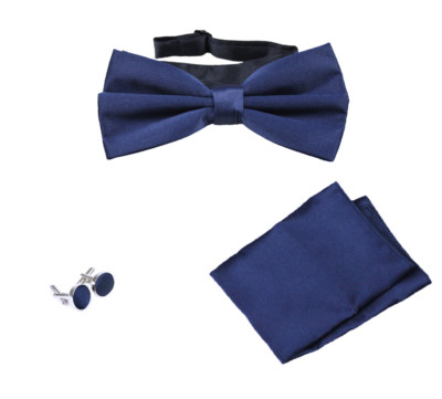 SET COORDINATO UOMO PAPILLON CON GEMELLI E POCHETTE BLU RASO ELEGANTE CERIMONIA