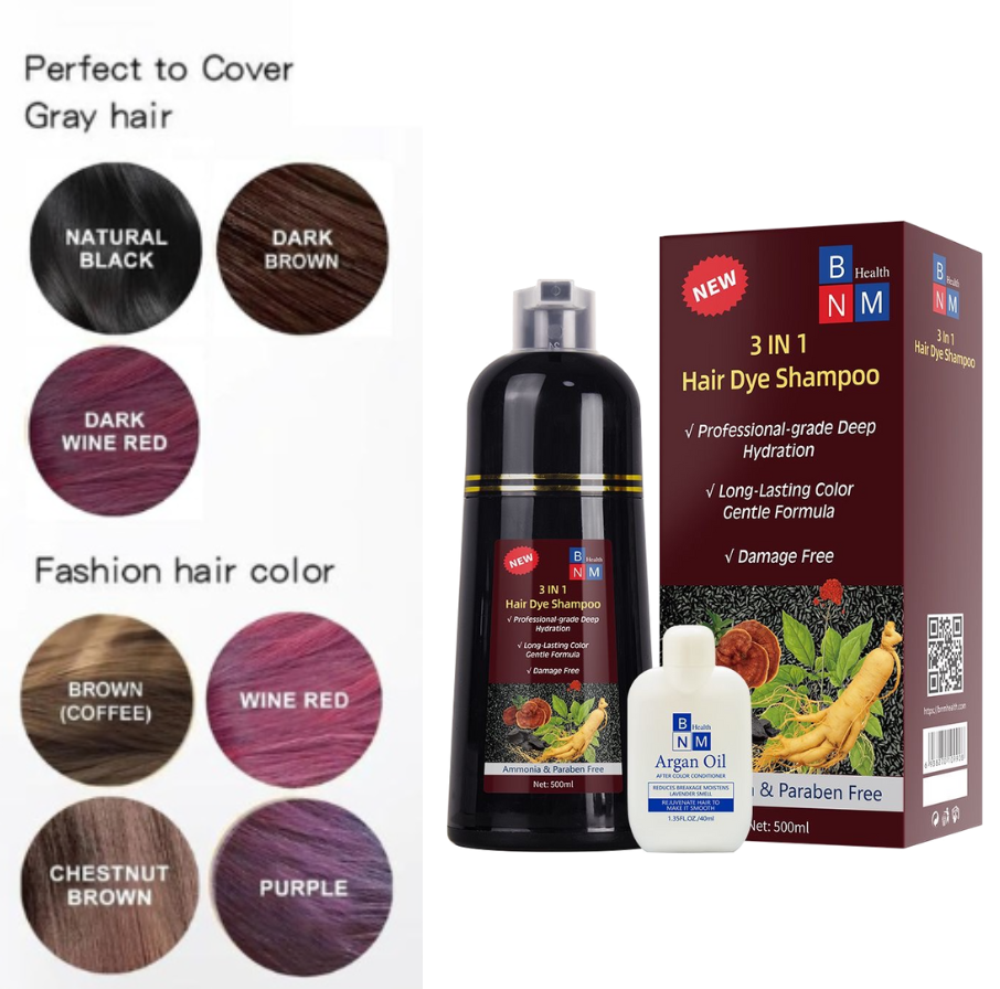 BNM Health 3 in 1 Hair Dye Shampoo Instant Gray Coverage Herbal 500mL Men Women