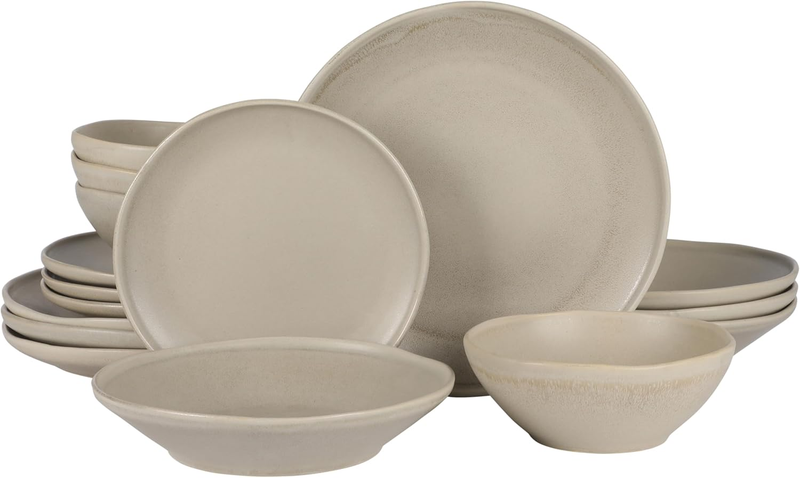 Island Cove 16 Piece (Service for 4) Plates and Bowls Reactive Glaze Organic round Dishes Stoneware Ceramic Dinnerware Set -Light Grey