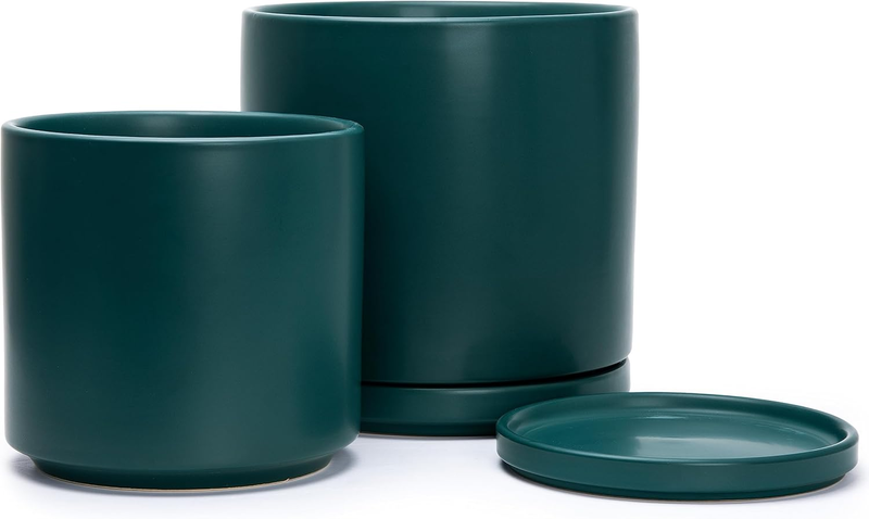 8 Inch & 10 Inch Ceramic Planter Pot for Plants with Drainage Hole and Saucer, Large Plant Pots Set, Teal, 94-G-L-9