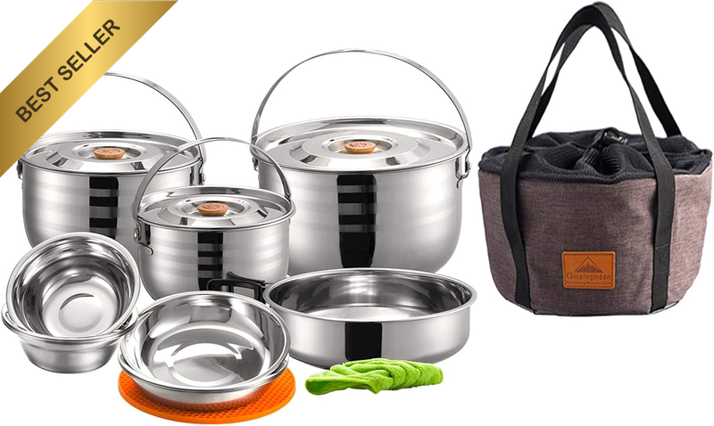 CAMPINGMOON Stainless Steel Outdoor Camping Nesting Mess Kit Cookware Set Pots P