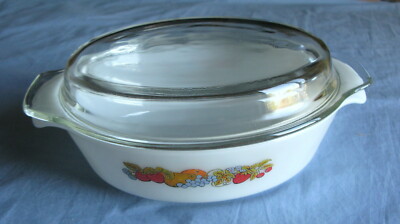 Fire King Vintage Nature's Bounty Casserole Dish & Lid Oval Fruit 1-1/2 Qt EUC