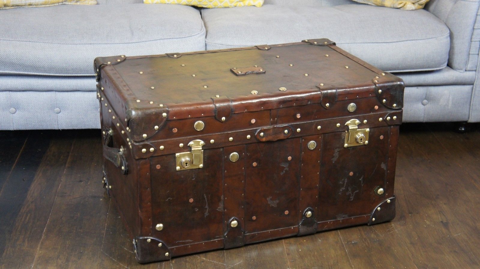Finest Antique Leather Handmade Coffee Table Trunk Chest