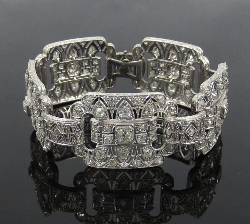 Vintage 12.50ct Old Mine Cut Diamond & Platinum Filigree Decorated Wide Bracelet
