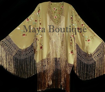 Pre-owned Maya Matazaro Embroidered Silk Fringe Jacket Kimono Coat Wheat Multi Short In Beige