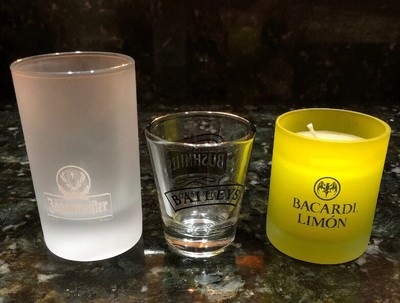 Lot of 3 Shot Glasses - Jagermeister Frosted/Bailey's/Bacardi Limon (candle)