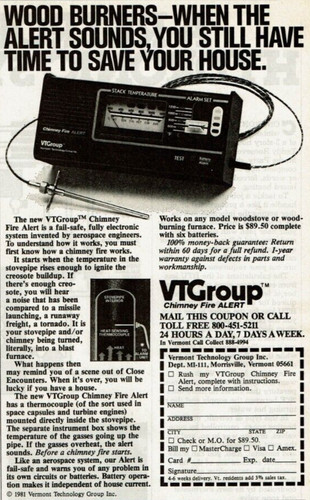 eBay listing image for 1981 Vintage Print Ad VTGroup Chimney Fire Alert Wood Burners When The Alert