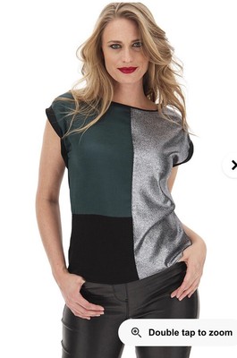 Oasis Ladies Colourblock Foil T Shirt Silver Green Black Size XS BNWT