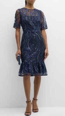 MILLY Navy Flounce Sequin Embroidered Short Sleeve Midi Cocktail Dress US 6 NWT