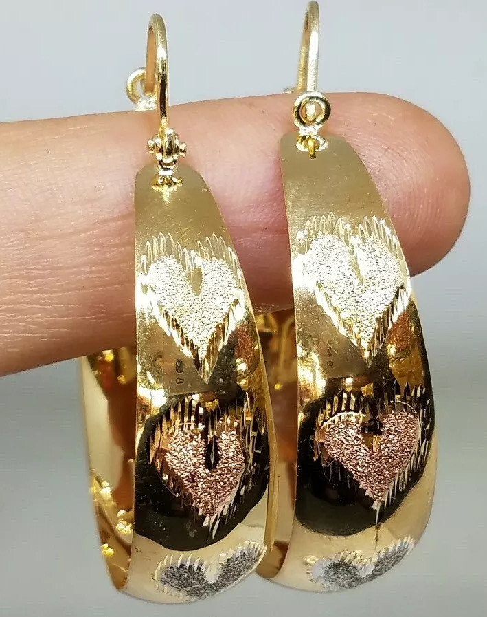 Pre-owned Handmade Gold Hoop Earring Heart 14k Solid Yellow White Rose Wide Thick Round 52x42mm 2”