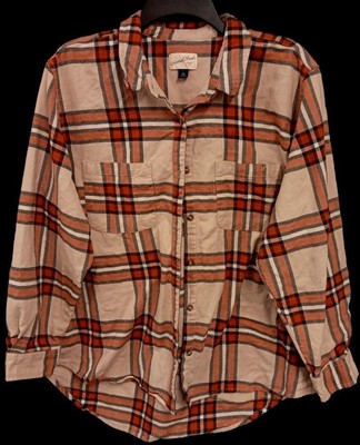 Universal thread beige plaid button down pockets long sleeve plus top XXL