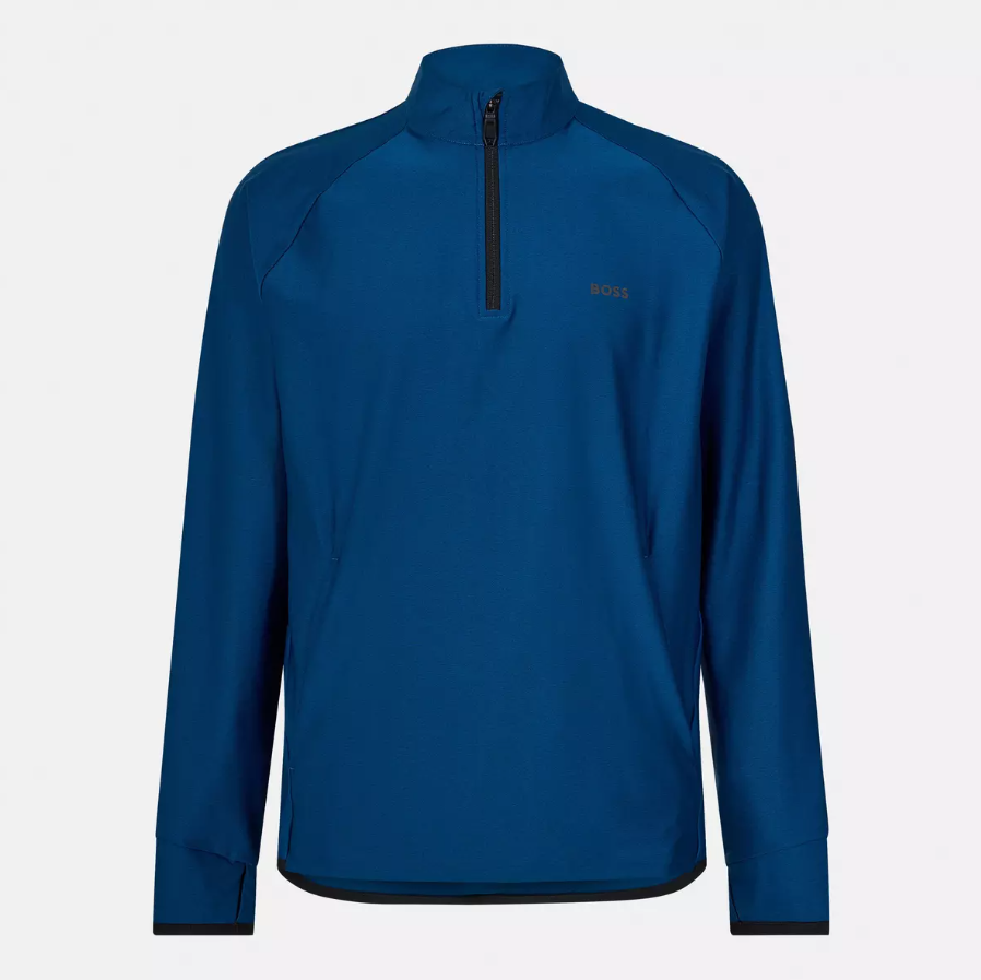 Mens BOSS Sweatshirt Dark Blue Quarter Zip Top With Logo - Sweat Active Size L
