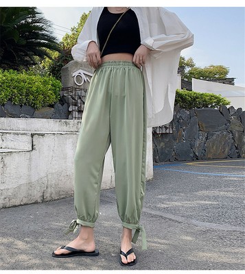 Womens Banded Waist Harem Chiffon Summer Casual Slit Jogger Ankle Tie Crop Pants