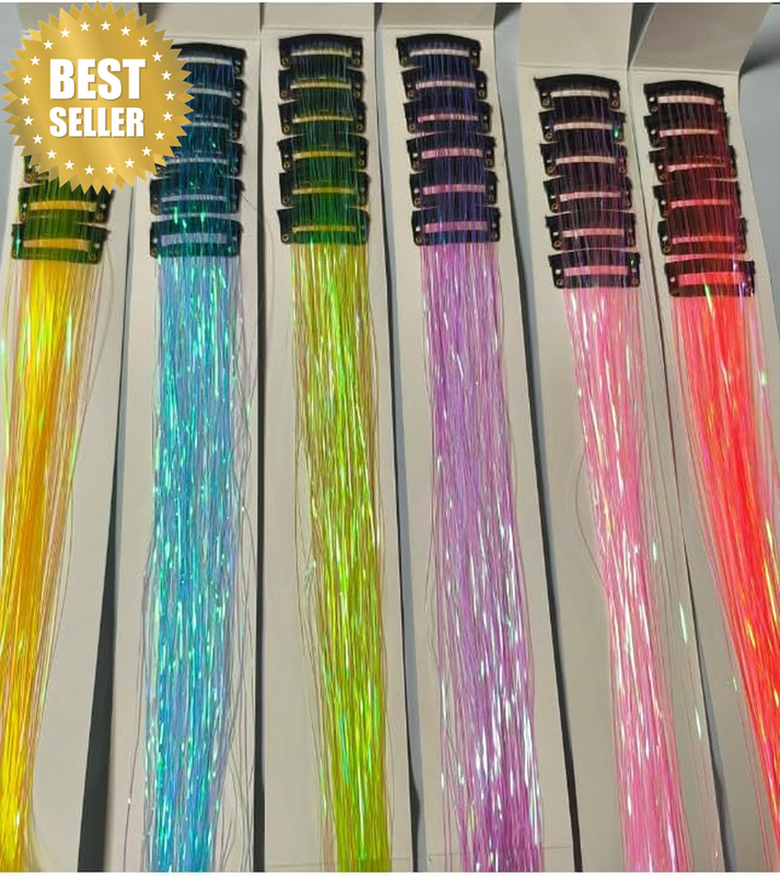 6 Pieces Clip in Neon Iridescent Glitter Tinsel Hair Extensions. Festival, Party