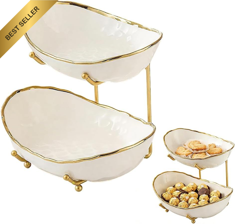Ceramic Fruit Bowl 2-Tier Metal Stand Countertop Display Gold | Double-Layer Cer
