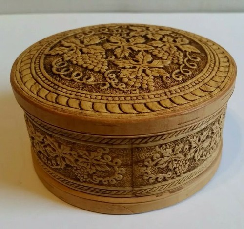 Handcrafted Russian Birch Bark Grape Vine Leaf Decorated Jewelry and Trinket Box