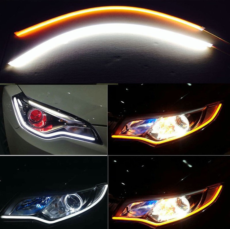2x 60cm Flexible Amber Turn Signal White Car DRL Daytime Running LED Strip Light