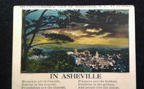 Ashville NC Postcard Early 1900s Skyline at Sunset Poem Mountain Scene