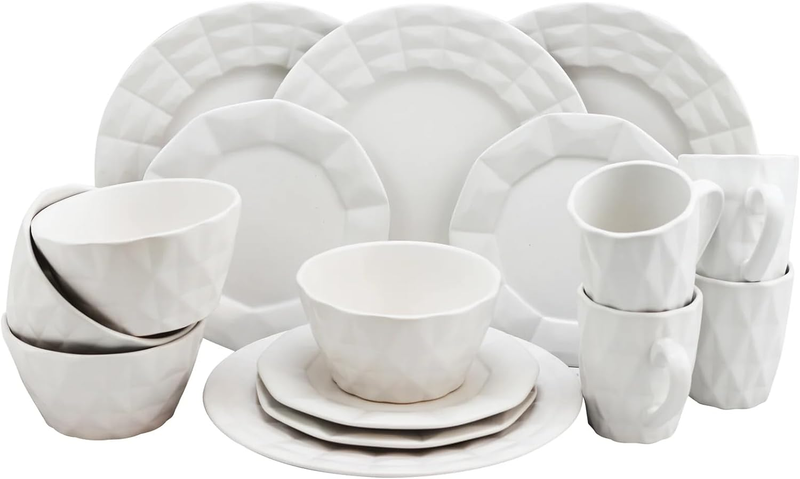 Elama Geometric Glazed Stoneware Diamond Cut Style Dinnerware Dish Set, 16 Piece