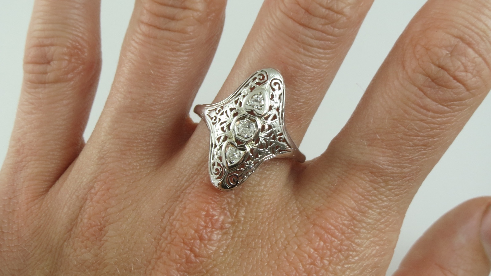 .23 ctw Diamond Filigree Hearts 14k White Gold Navette Ring