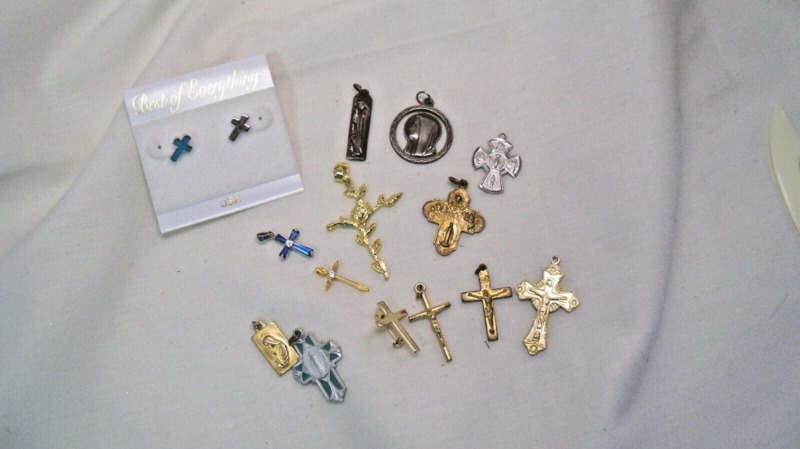 Religious Jewelry Cross Pendants Pin Earrings Religious Medals Vintage