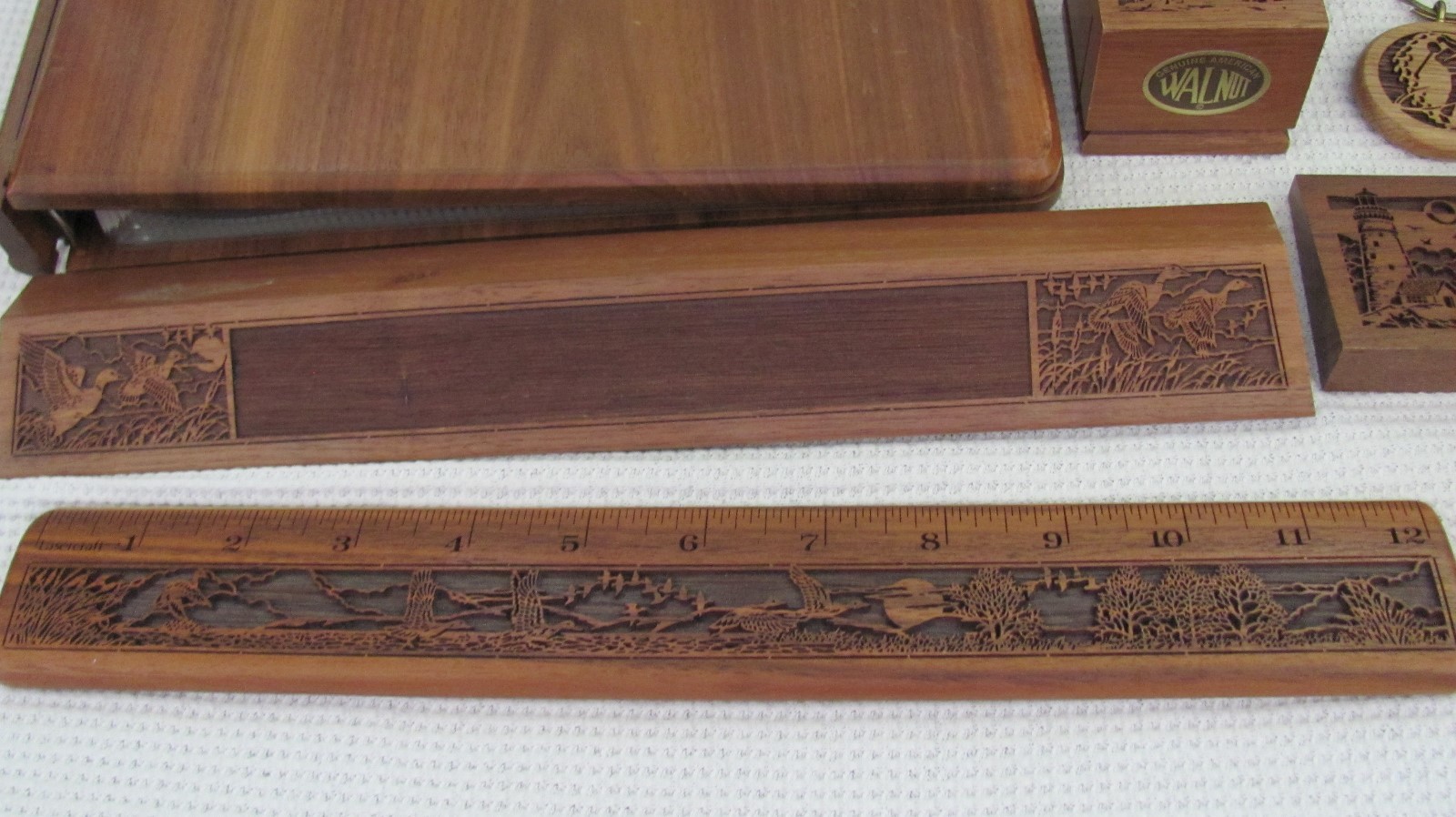 VINTAGE WALNUT LASERCRAFT ENGRAVINGS LOT PYRAMID RULER CLOCK BOOK BOX HOLDER