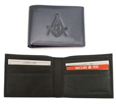 Black Compass and Square Masonic Leather Bi-Fold Wallet - Freemasons Symbol Logo