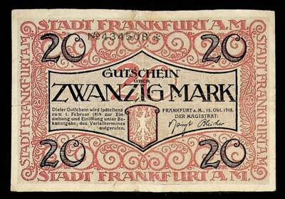 1918 Germany FRANKFURT 20 Mark Banknote / Notgeld