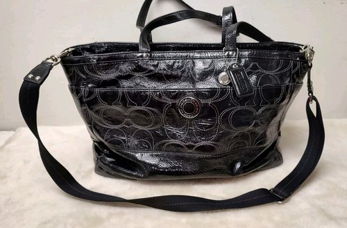 バッグ COACH Handbag Pouch Signature Leather COACH Top Handle Embossed Signature Blue Patent Leather