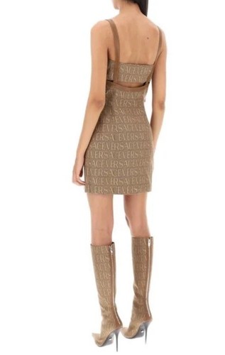 Pre-owned Versace Logo Print Cut Out Monogram Mini Dress Leather Trims It 40 Us 4 $3050 In Brown Tan
