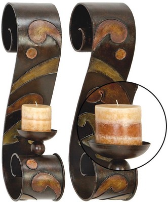 Set of 2 Scrolled Votive Pillar Candle Holder Sconce Metal Iron Rustic Earthtone