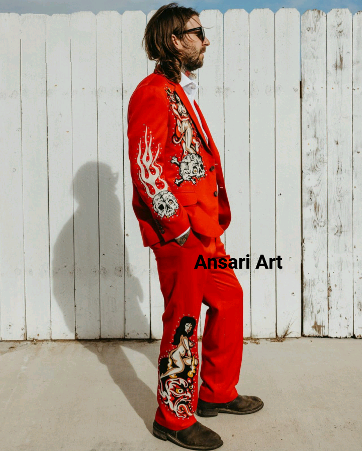 ART MEN RED 2PC BESPOKE SKELETON FLAMES FLORAL EMBROIDERED RHINESTONE COWBOY OUTFITS