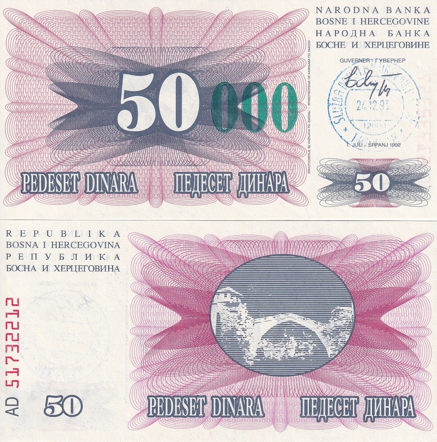 Bosnia 50000 Dinara 24.12.1993 P 55 c UNC,Emergency Issue Handstamp