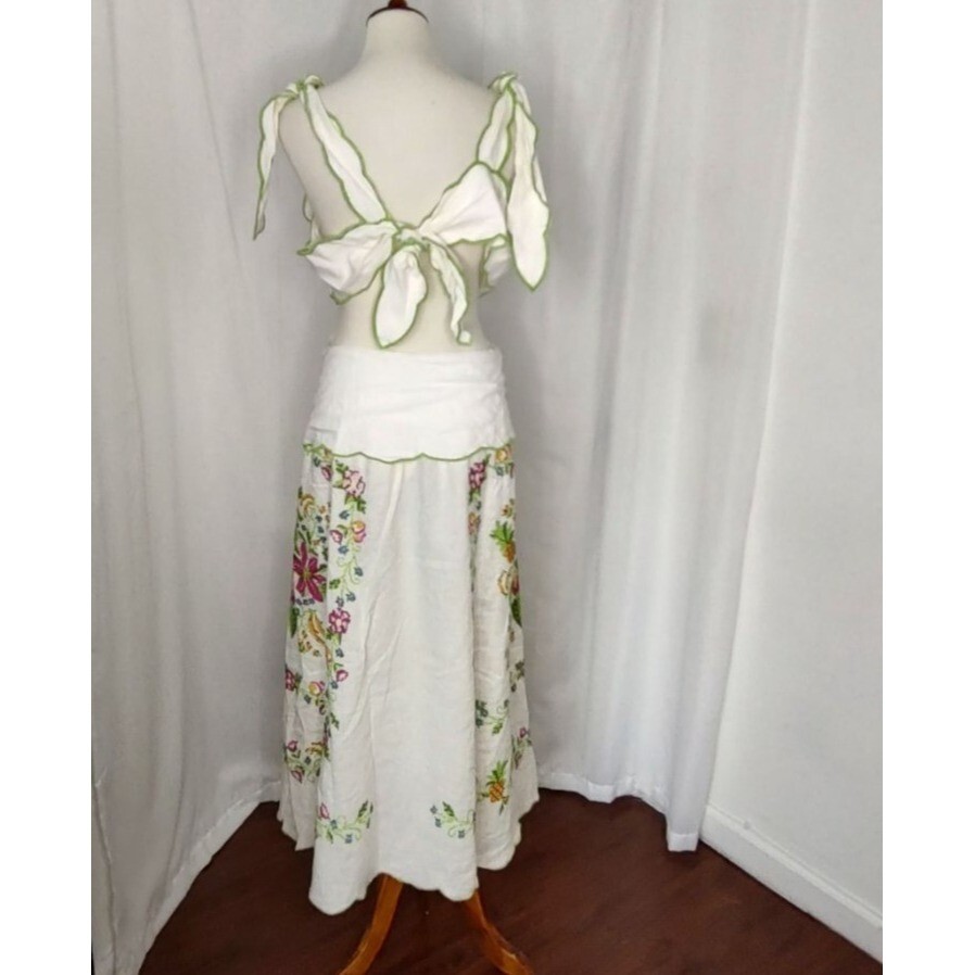 Pre-owned Farm Rio Maxi Dress Xl Tropical Romance Needlepoint Cut-out Linen White Floral