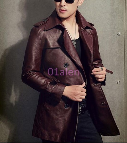 New Mens Double Breasted Casual Mid Long Leather Jacket Coat