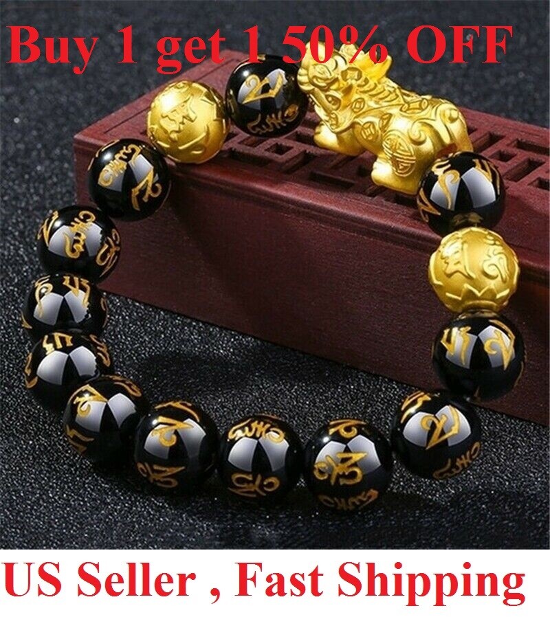 Feng Shui Black Obsidian Beads Bracelet Attract Wealth Good Luck Bangle pixiu eBay