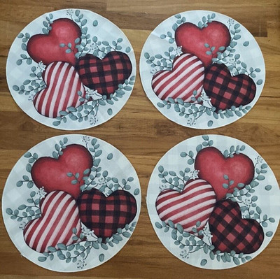 Four Love Heart Valentine's Day Round Burlap Decor Mats Set  New Without Tags