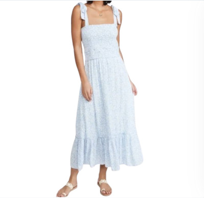 NWT Lost + Wander Endless Floral Maxi Dress Womens XS Blue White Smocked NEW